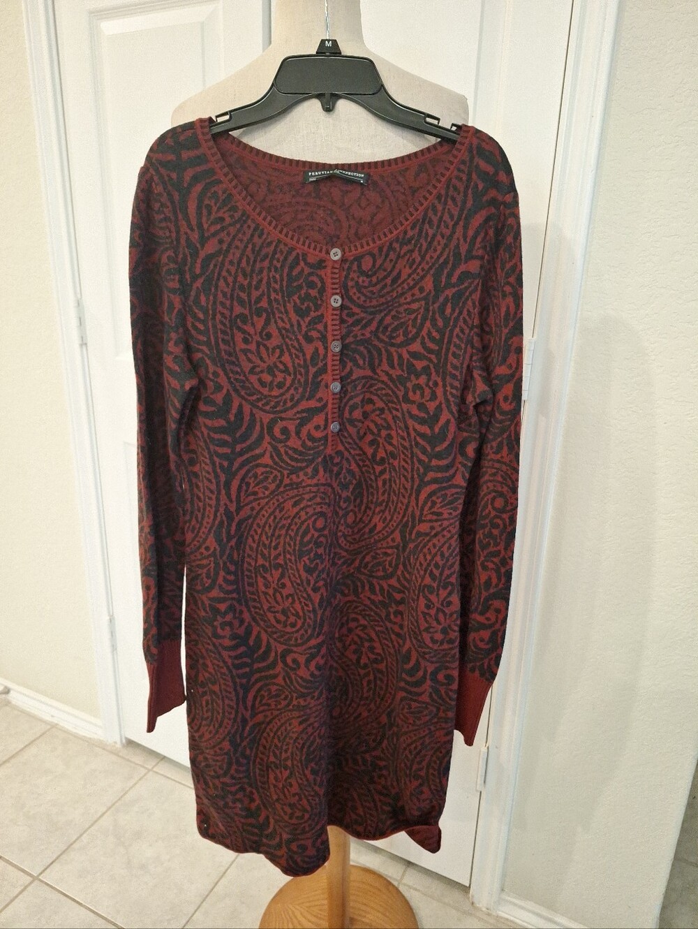 Peruvian Connection Red and Black Paisley Henley Sweater Dress
